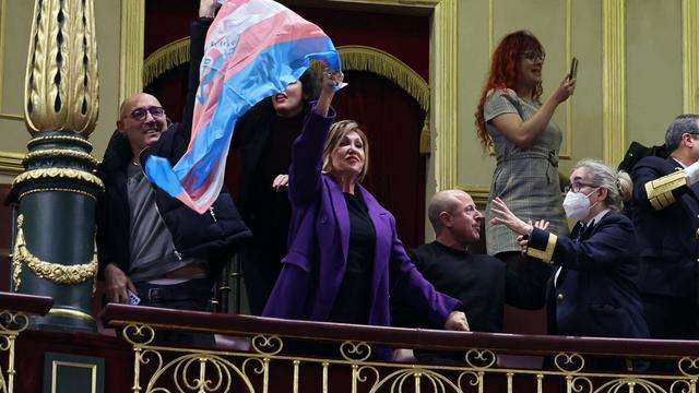 Des activistes LGBT+ célébrent l'approbation de la loi facilitant les transitions à l'état civil en Espagne. [AFP - Thomas Coex]