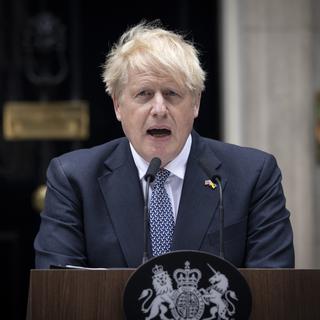 Le Premier ministre britannique Boris Johnson annonce sa démission en tant que leader du Parti conservateur à Downing Street, Londres, Grande-Bretagne, le 07 juillet 2022. [EPA/Keystone - Tolga Akmen]