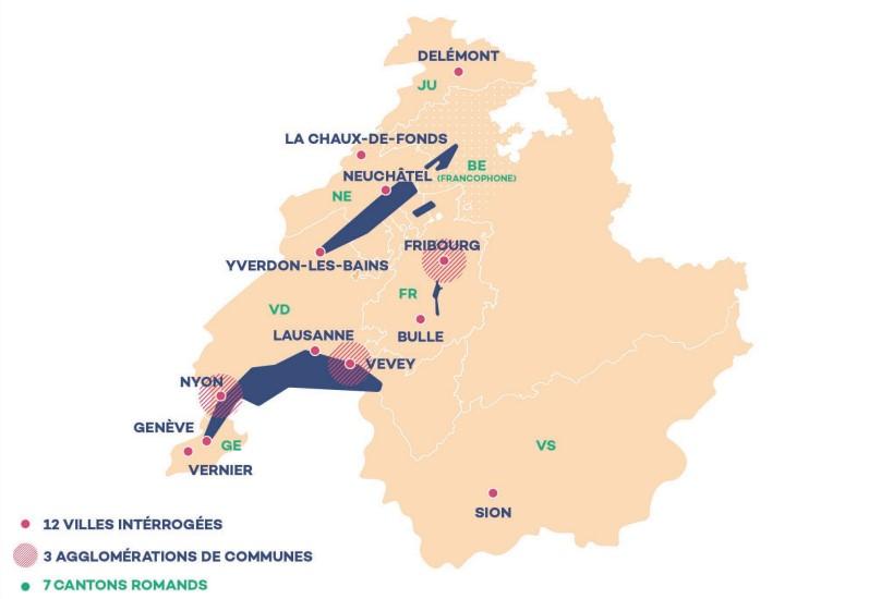 L'étude s'est penchée sur douze villes et trois agglomérations de communes de sept cantons romands. [FCMA/PETZI]