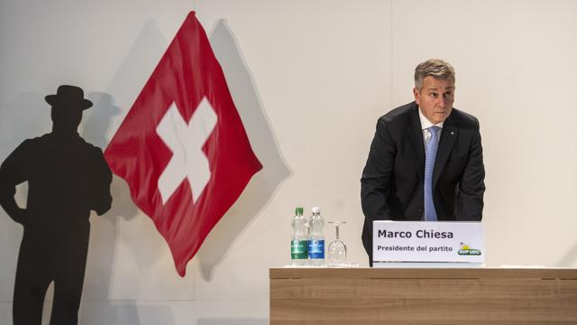 Le président de l'UDC Marco Chiesa devant les délégués à Reussbühl (LU), 22.10.2022. [Keystone - Urs Flüeler]