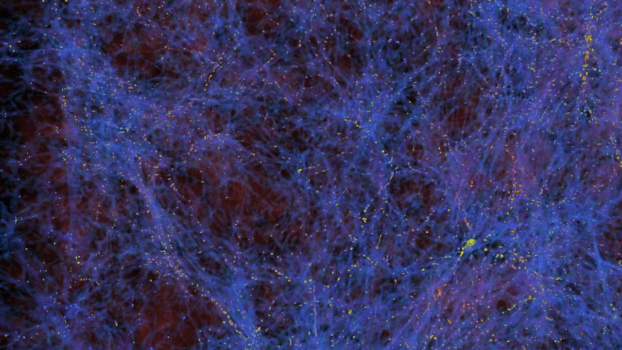 Image simulée de la structure à grande échelle de l'Univers. En bleu, les filaments denses de matière noire; en jaune les lieux de formation de galaxies. [CERN - Zarija Lukic/Laboratoire Berkeley]