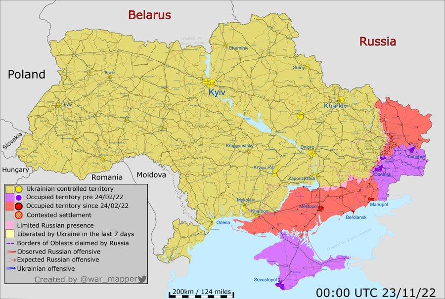 Après 9 mois de combats, les Ukrainiens ont réussi à reprendre plus de la moitié des territoires qu'ils avaient perdus en février 2022. [Twitter - War Mapper]