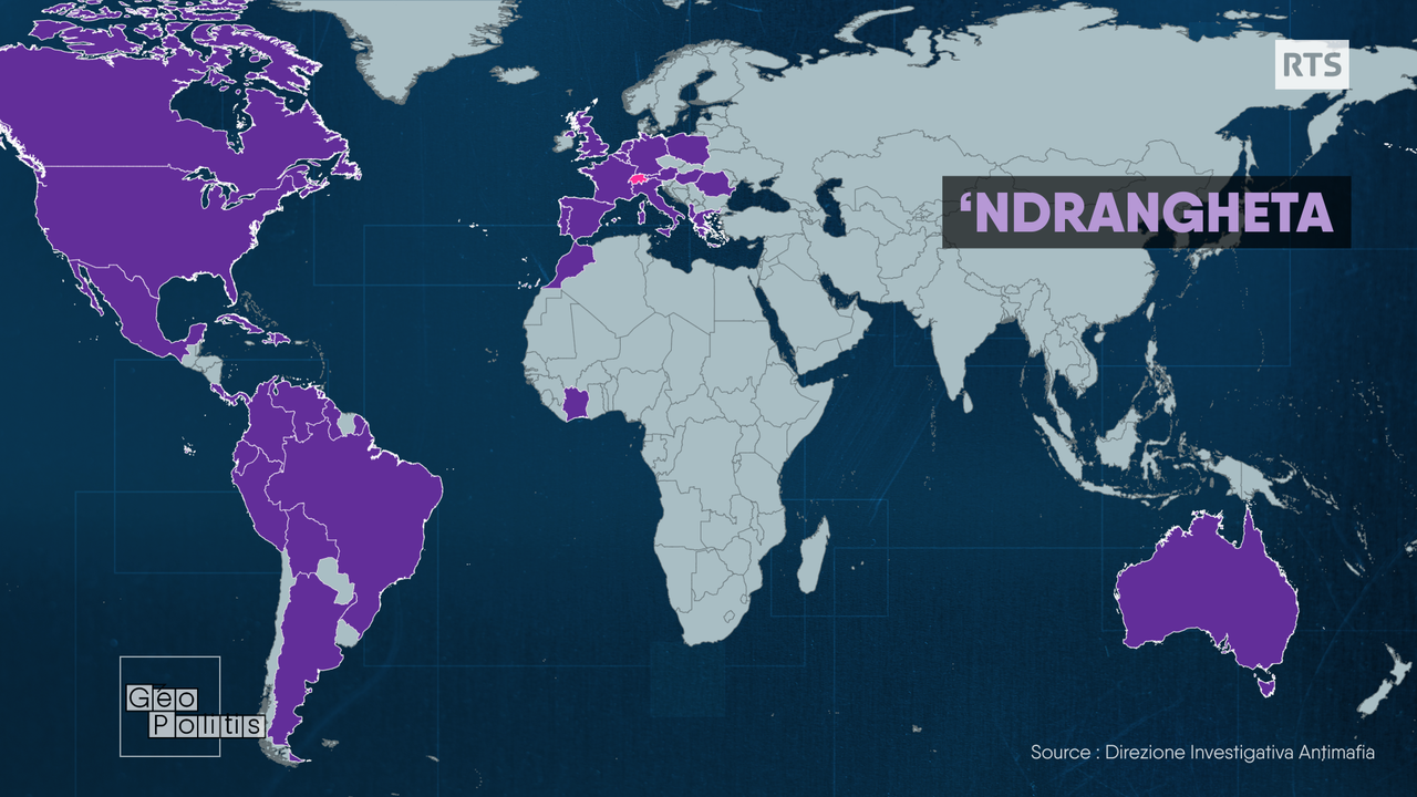 La mafia calabraise 'Ndrangheta serait présente dans une trentaine de pays dans le monde. [RTS - Géopolitis]