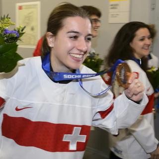 La joueuse de hockey sur glace Sarah Forster lors des Jeux olympiques de Sochi en 2014. [Keystone - Laurent Gillieron]