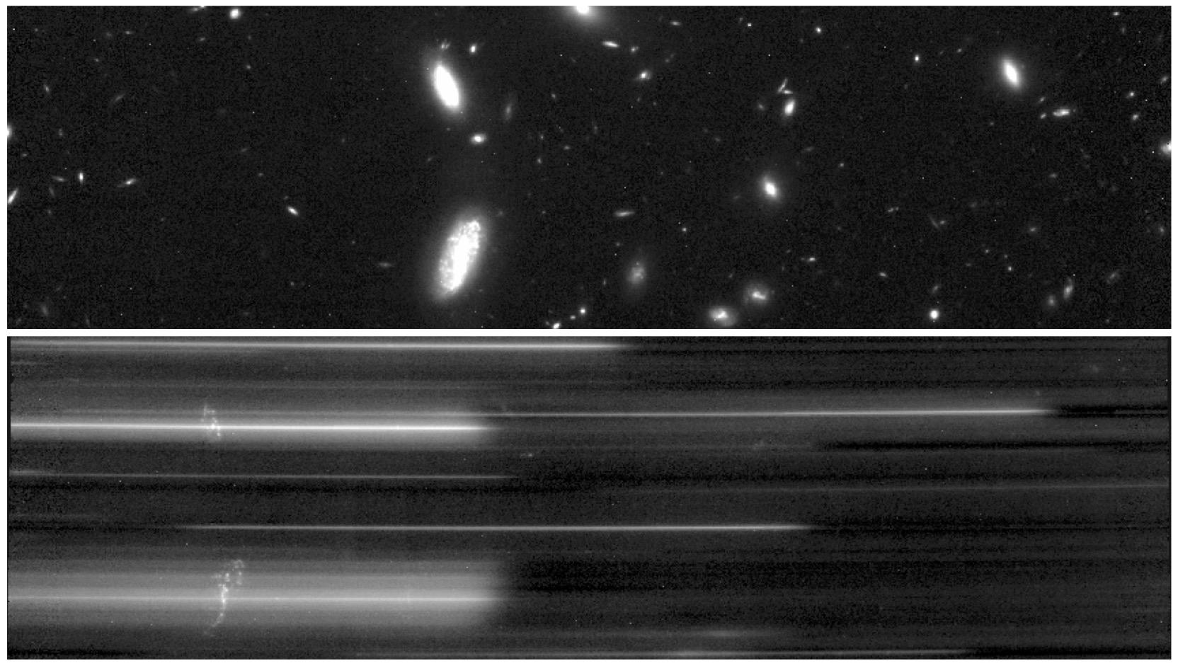 La galaxie en spirale (vers le milieu gauche de l'image du haut) et son spectre (image du bas). Les petites taches réparties sur les lignes, vers la gauche, représentent du gaz présent dans la galaxie (ici, de l'hydrogène). [JWST/NASA, ESA, CSA - Pascal Oesch, FRESCO, UNIGE]
