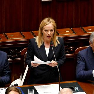 La Première ministre italienne Giorgia Meloni a présenté son programme au parlement. [Keystone - Andreas SOLARO]