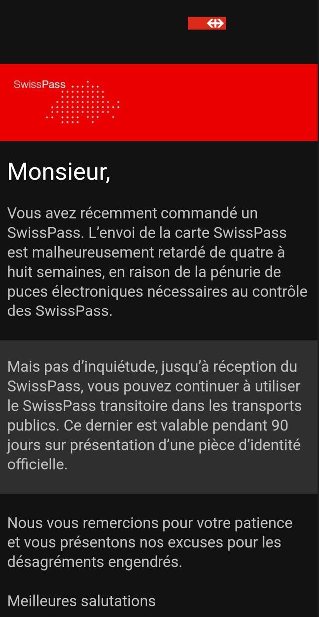 Le message reçu par un usager des CFF lors de la commande d'une carte Swisspass. [RTS]