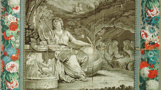 Détail du décor des Métamorphoses, représentant Orphée et la muse de la musique
Provenance: maison paysanne de maître, La Cibourg, Jura bernois. Manufacture Arthur & Robert, Paris, après 1789. Impression à la planche. [©Musée national suisse]