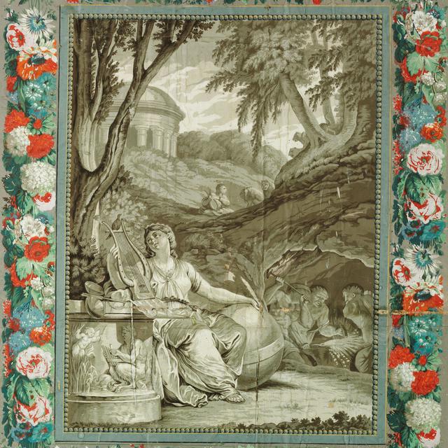 Détail du décor des Métamorphoses, représentant Orphée et la muse de la musique
Provenance: maison paysanne de maître, La Cibourg, Jura bernois. Manufacture Arthur & Robert, Paris, après 1789. Impression à la planche. [©Musée national suisse]