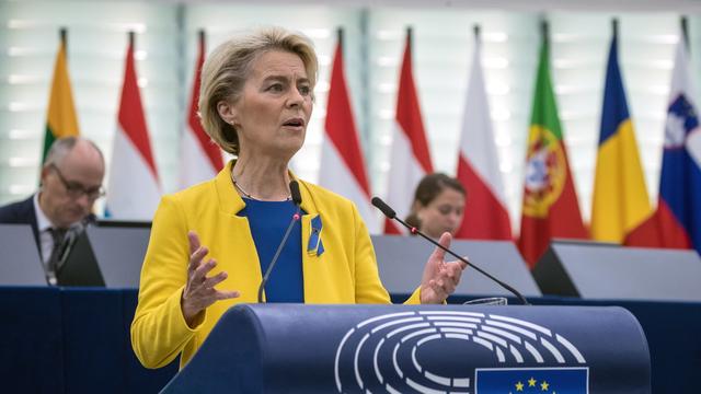 Ursula van der Leyen lors de son discours sur l'état de l'Union devant le Parlement européen, le 14 septembre 2022. [Keystone - Christophe Petit Tesson]