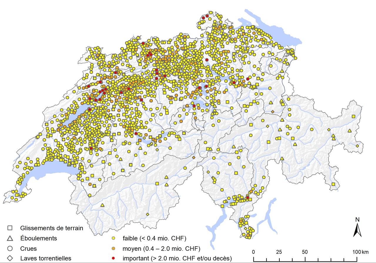 Localisation et ampleur des dommages provoqués par les intempéries en 2021. [Institut fédéral de recherches sur la forêt, la neige et le paysage WSL]