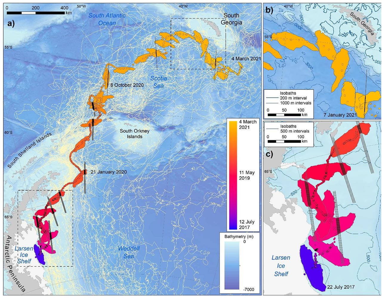 Le chemin suivi par l'iceberg A68, qui s'était séparé d'une gigantesque plateforme de glace, nommée Larsen C, à la pointe de la péninsule antarctique, en 2017. [Remote Sensing of Environment]