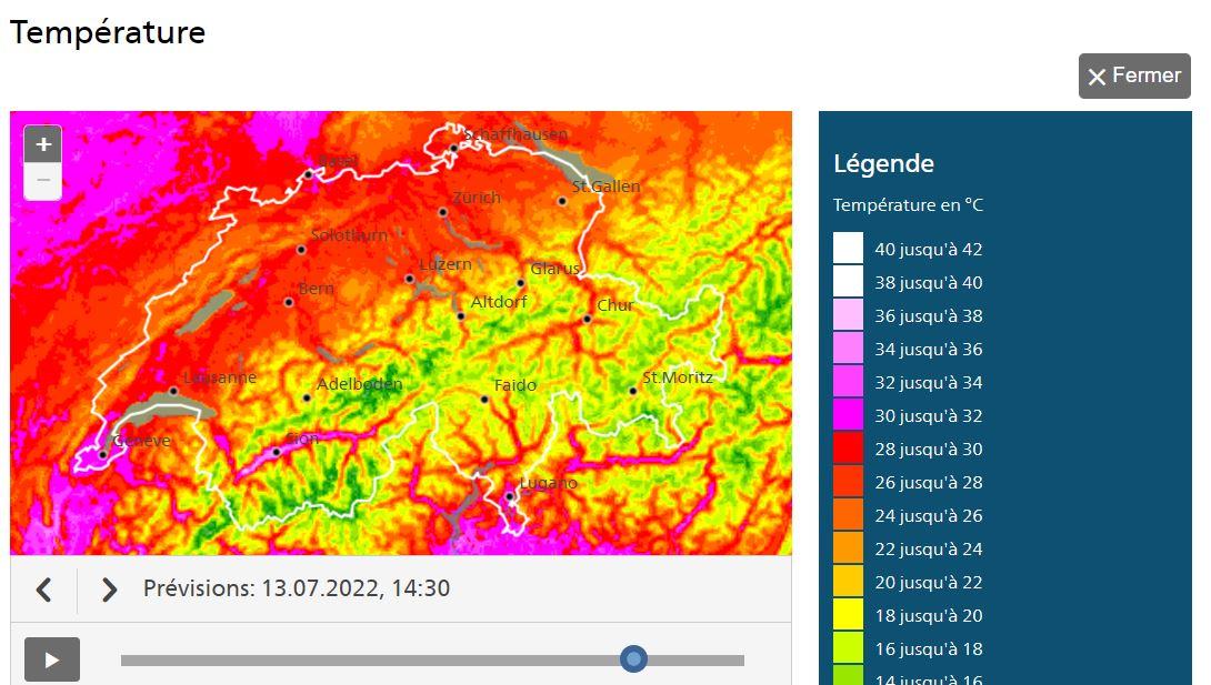 Les prévisions de température pour mercredi 12 juillet. [MétéoSuisse]