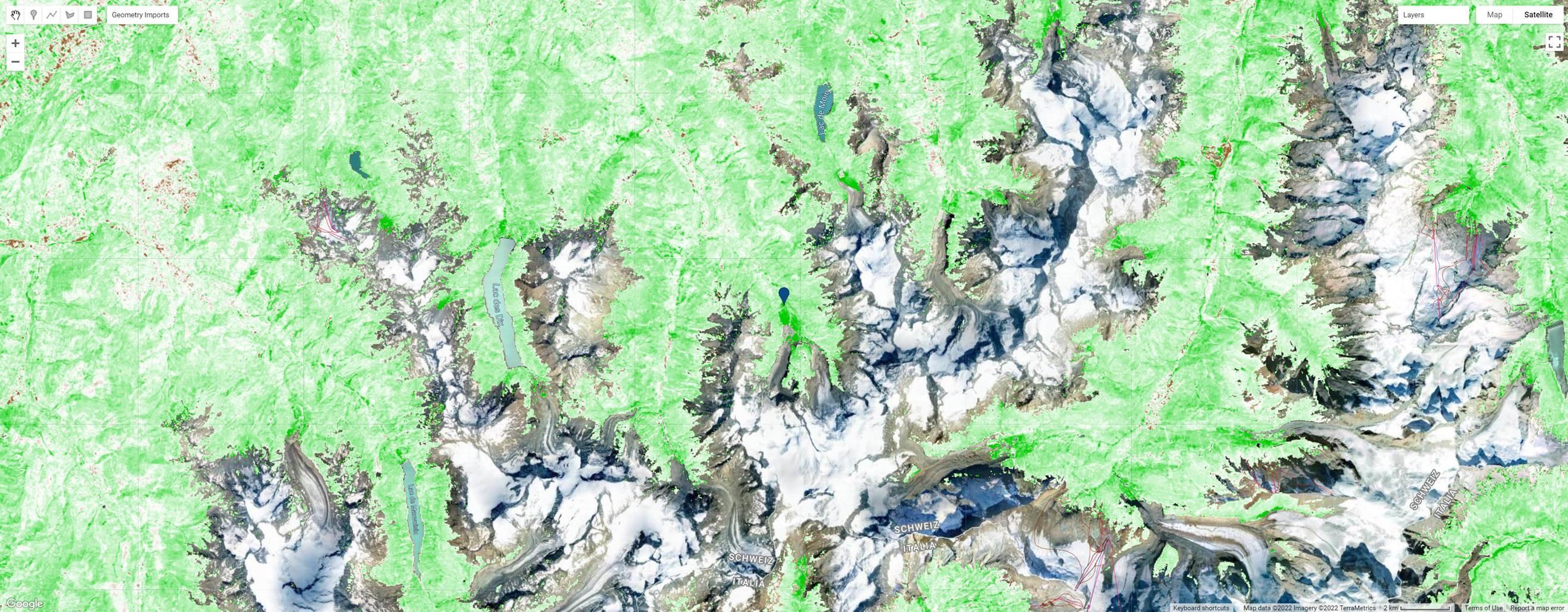 Représentation des endroits où la végétation a progressé sur les 40 dernières années, basée sur des images de la NASA. L'intensité du vert est proportionnelle au degré de progression de la végétation. Les (rares) endroits en brun correspondent à un déclin de la végétation. Les zones de glaciers sont transparentes car elles n'ont pas été considérées dans l'étude. [NASA - UNIL/UNIBAS]