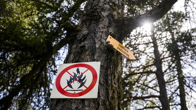 Un panneau "Interdiction de faire du feu" est visible sur un chemin de randonnée le mercredi 15 juin 2022 à Lens près de Crans-Montana. [KEYSTONE - Jean-Christophe Bott]