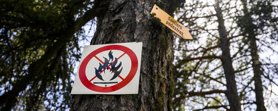 Un panneau "Interdiction de faire du feu" est visible sur un chemin de randonnée le mercredi 15 juin 2022 à Lens près de Crans-Montana. [KEYSTONE - Jean-Christophe Bott]