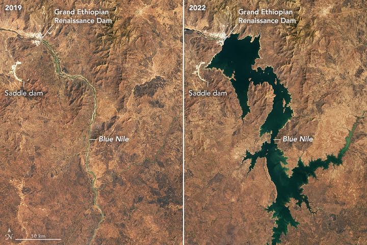 Une vue de l'avancée du remplissage du barrage sur le Nil en Ethiopie. [Nasa Earth Observatory]
