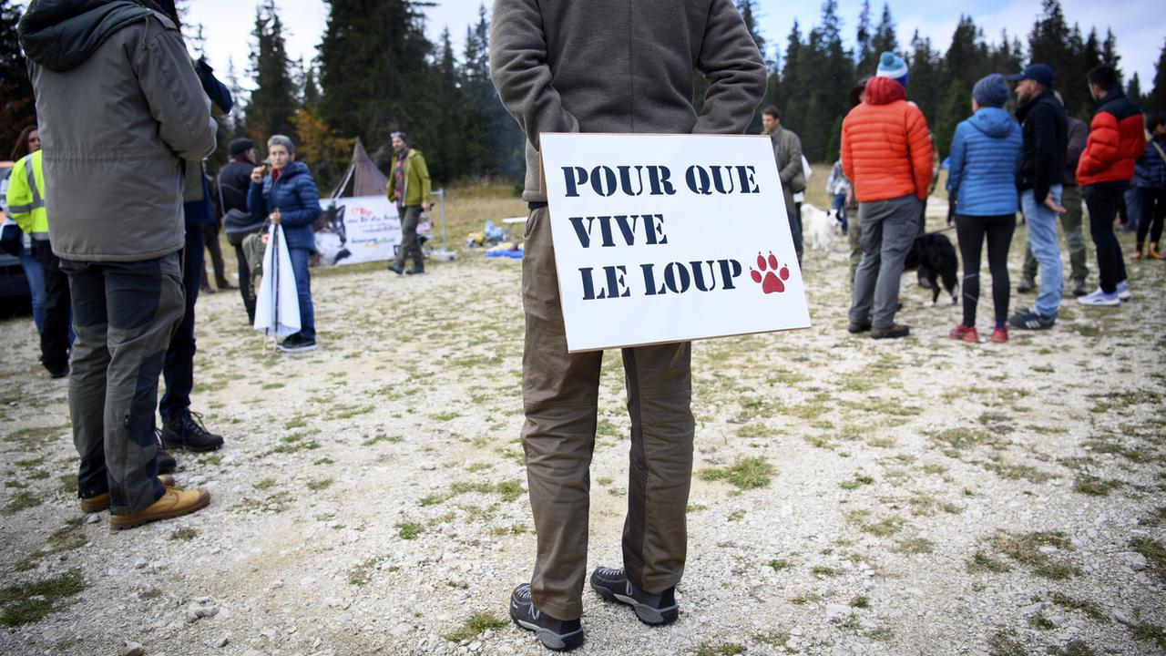 Une manifestation contre le tir du loup à l'automne 2021 au Col du Marchairuz. [Keystone - Laurent Gilliéron]