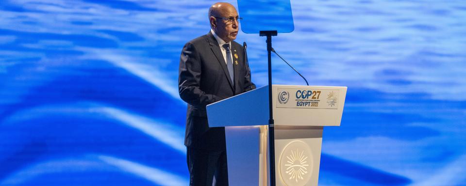 Le président de la Mauritanie Mohamed Cheikh El Ghazouani à la tribune de la COP27. [Keystone/AP Photo - Nariman El-Mofty]