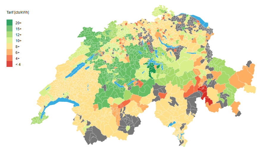 La carte interactive des rétributions de reprise pour l'électricité issue de panneaux solaires en Suisse. [Association des Producteurs d’Energie Indépendants VESE]