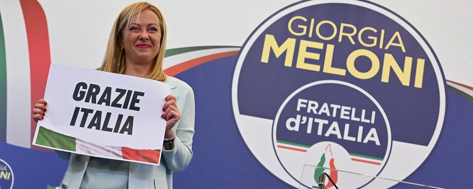 Giorgia Meloni au quartier général de Fratelli d'Italia. [Keystone - EPA/Ettore Ferrari]