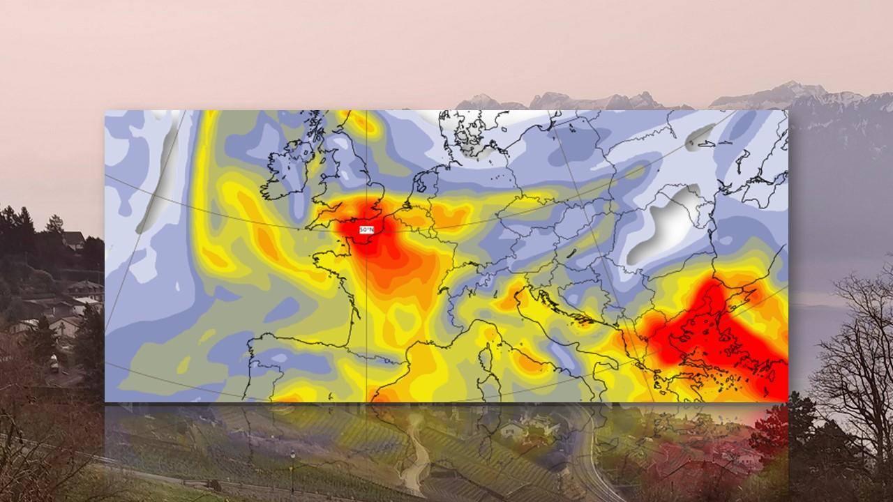 Concentrations de particules dans le ciel, prévue par le modèle européen (ECMWF) le 29 mars 2022 à 12h UTC [ECMWF/Copernicus/RTS - Cristina Fedele]