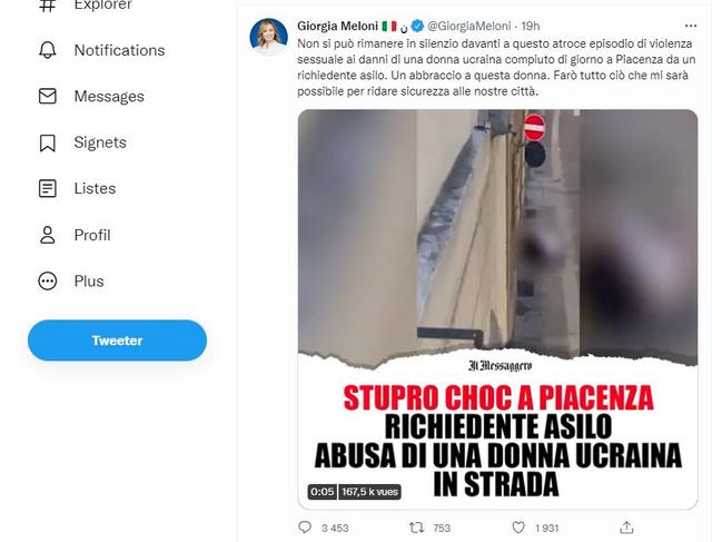 Tweet de la vidéo partagée par Girogia Meloni, depuis retirée des réseaux sociaux. [RTS - Capture d'écran]