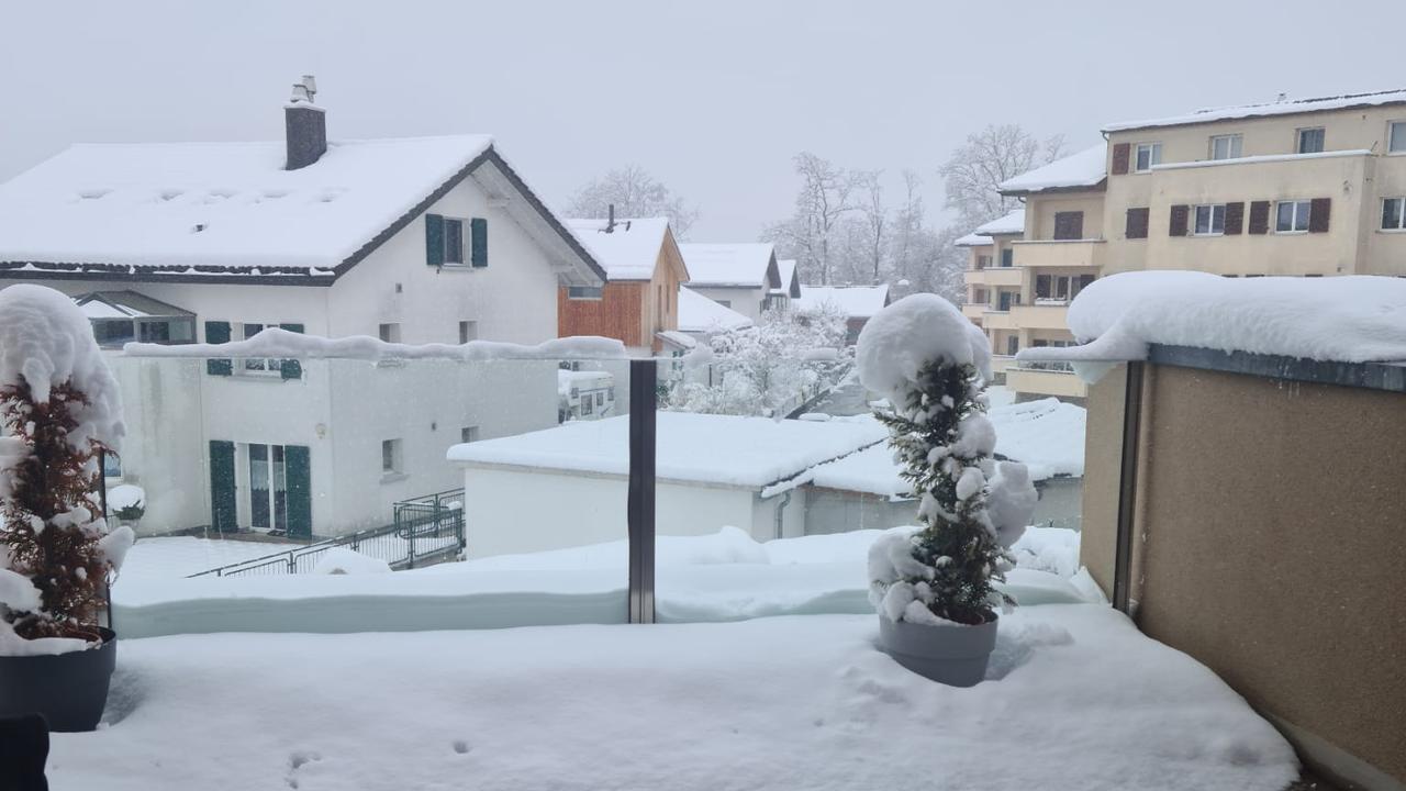 La neige fait de la résistance et continue à tomber samedi. Ici, une photo prise à Marly, dans le canton de Fribourg. [RTS - Dominique Roulin]