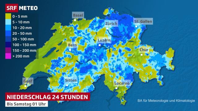 La carte des précipitations en Suisse vendredi soir. [SRF Meteo]