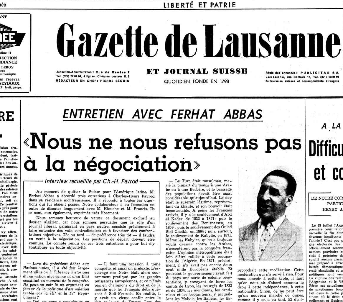 L'entretien de Ferhat Abbas dans "La Gazette de Lausanne".