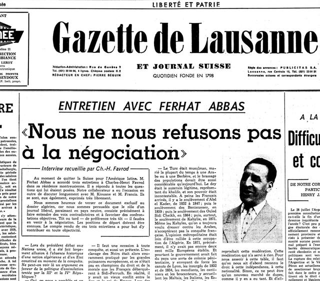 L'entretien de Ferhat Abbas dans "La Gazette de Lausanne".