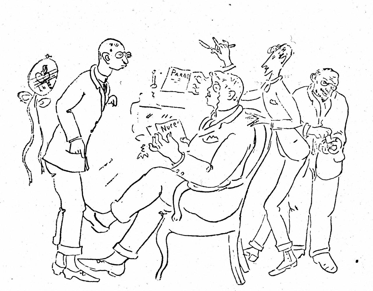 Igor Stravinsky, Sergei Diaghilev, Jean Cocteau et Erik Satie dessinés par Michel Larionov (1881-1964). [AFP - Roger-Viollet]