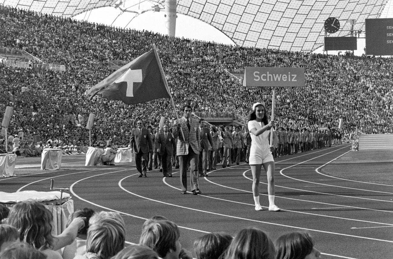 La délégation suisse lors des Jeux olympiques de Munich en 1972. [KEYSTONE - STR]