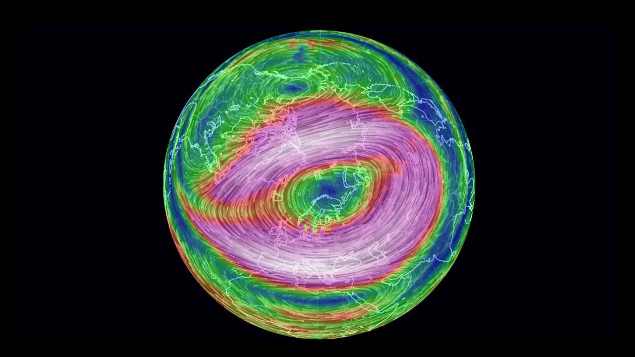 Circulation du vortex polaire au-dessus du pôle Nord en hiver. [Earth Nullschool]