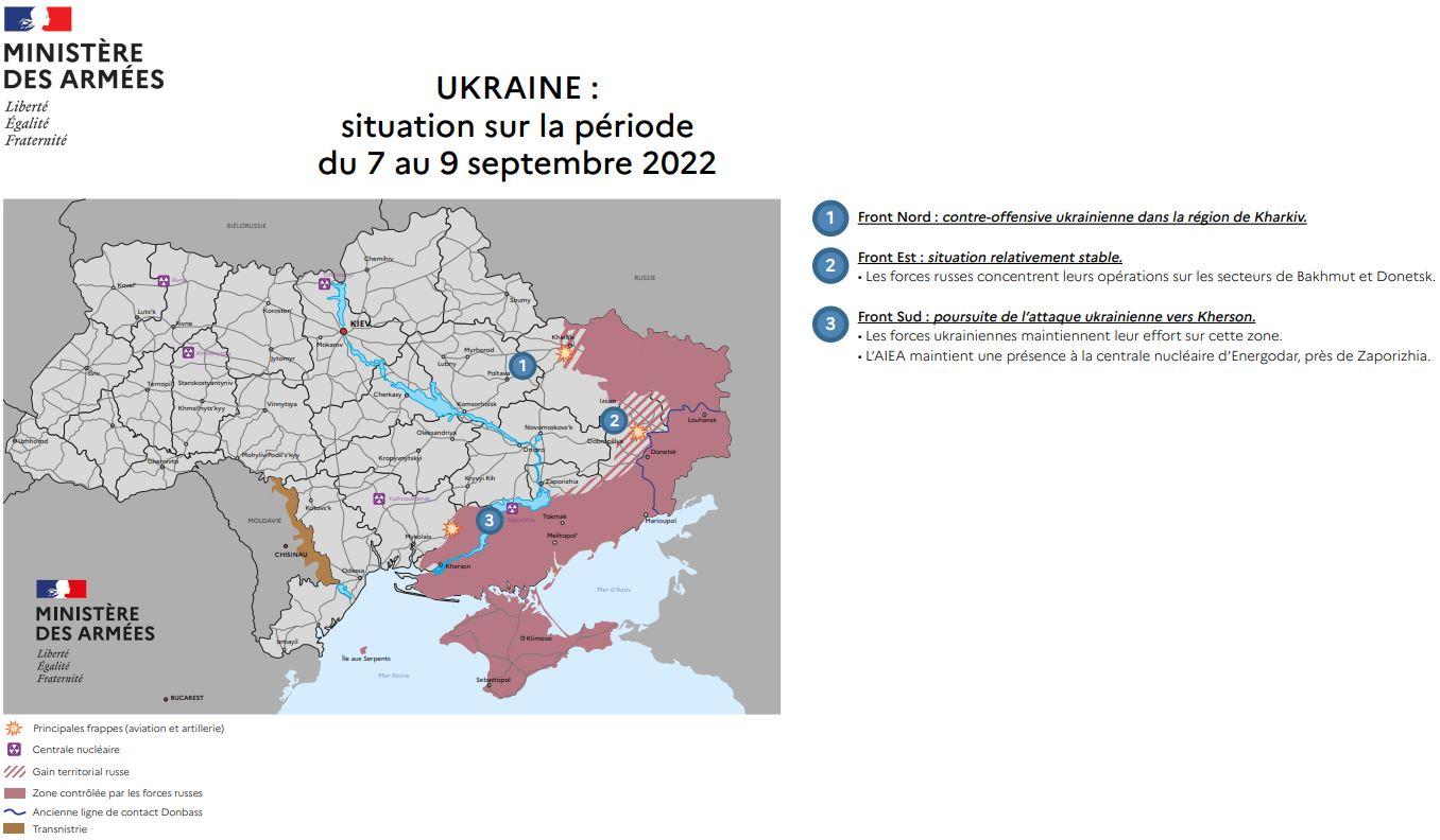 Une carte de la situation en Ukraine au 9 septembre élaborée par le ministère français des armées. [Ministère français des armées]