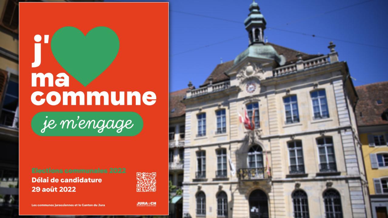 Un montage de l'affiche de la campagne "J'aime ma commune, je m'engage", avec l'hôtel de ville de Porrentruy en fond.