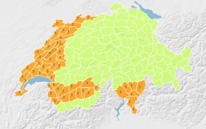 Les zones concernées par l'alerte canicule. [MétéoSuisse]