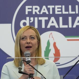 Giorgia Meloni au quartier général de Fratelli d'Italia. [AP/Keystone - Gregorio Borgia]