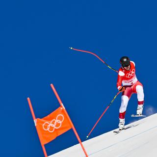 L'Autrichien Matthias Mayer participe à l'entraînement de la descente masculine aux aux Jeux olympiques d'hiver de 2022 à Yanqing, en Chine, le samedi 5 février 2022. [KEYSTONE - Jean-Christophe Bott]