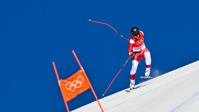 L'Autrichien Matthias Mayer participe à l'entraînement de la descente masculine aux aux Jeux olympiques d'hiver de 2022 à Yanqing, en Chine, le samedi 5 février 2022. [KEYSTONE - Jean-Christophe Bott]