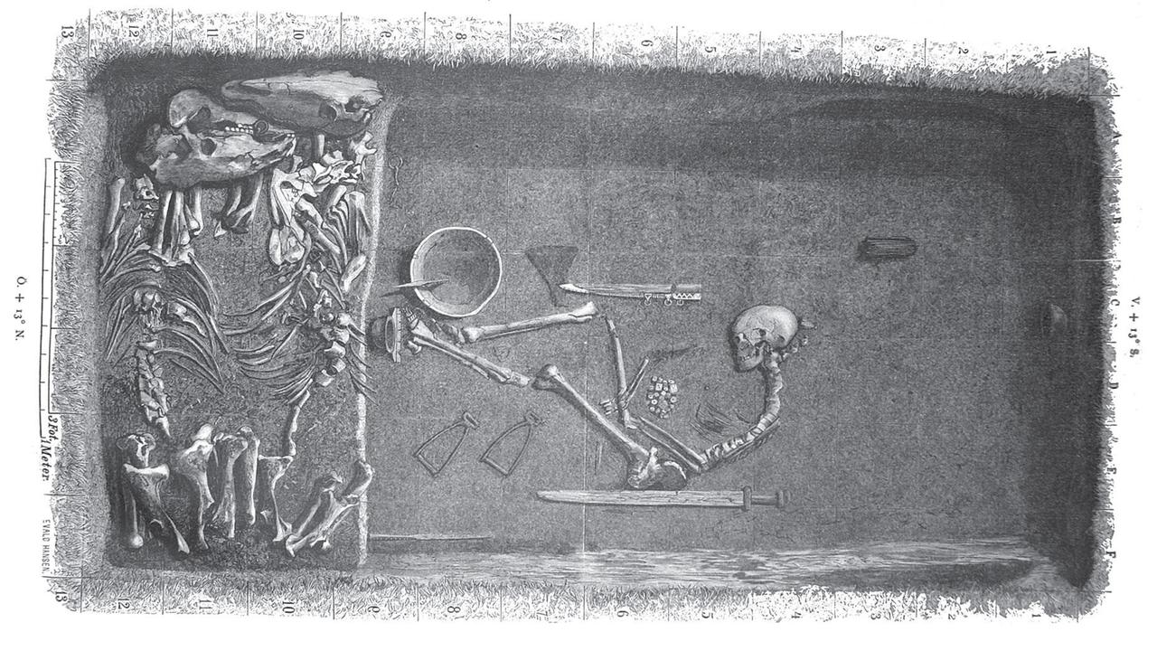 La chambre funéraire de Birka, gravure réalisée par Evald Hansen et publiée dans l'American Journal of Physical Anthropology en 1889. [wikimedia.org - Public domain]