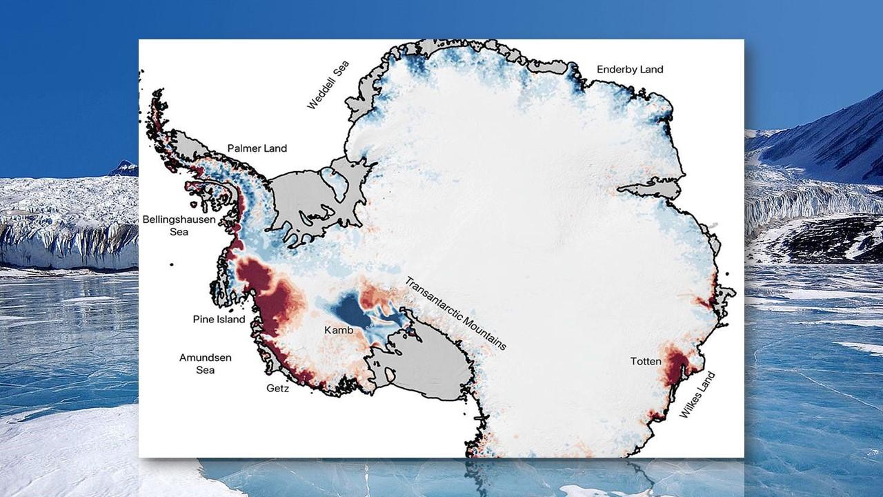 Changements dans l'altitude de la glace antarctique de 1985 à 2001. En rouge, les régions où l'altitude a considérablement diminué, en bleu, les régions où l'altitude a dépassé les niveaux. Les principales plates-formes apparaissent en gris [NASA/JPL-Caltech - Joe Mastroiani]