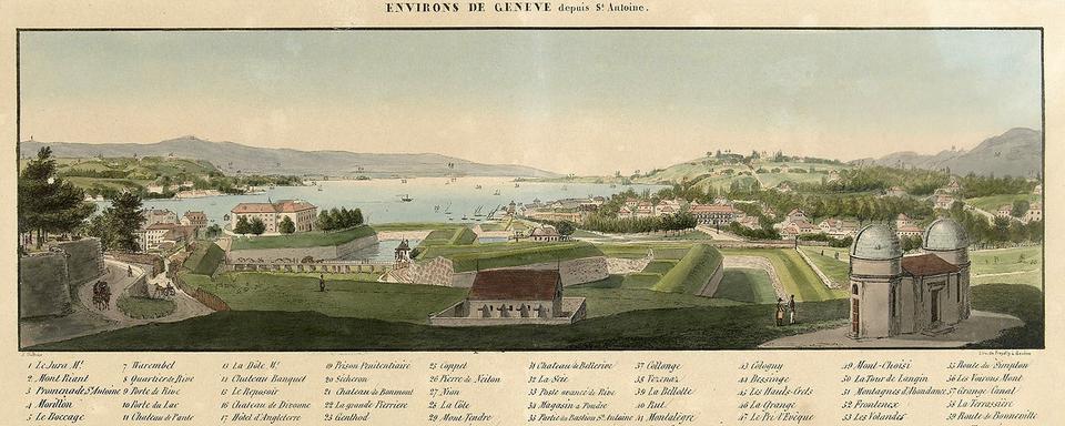 Sur la droite de la photo, l'Observatoire de l'astronome genevois Jacques-André Mallet. Une vue de Genève depuis Saint-Antoine en 1830. [UNIGE - Département d'Astronomie]