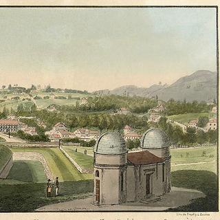 Sur la droite de la photo, l'Observatoire de l'astronome genevois Jacques-André Mallet. Une vue de Genève depuis Saint-Antoine en 1830. [UNIGE - Département d'Astronomie]