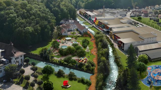 Le futur parc du chocolat Cailler à Broc (FR). [IMAGE DE SYNTHÈSE - NESTLÉ]