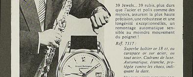 "Sidney Bechet, un roi du jazz choisit la reine des montres automatiques Girard-Perregaux". Publicité de la célèbre marque horlogère pour son modèle "39 Jewels", lancé en 1957. Un témoignage des liens forts tissés entre la cité neuchâteloise et le monde du jazz. [wikimedia - Pierre EmD]