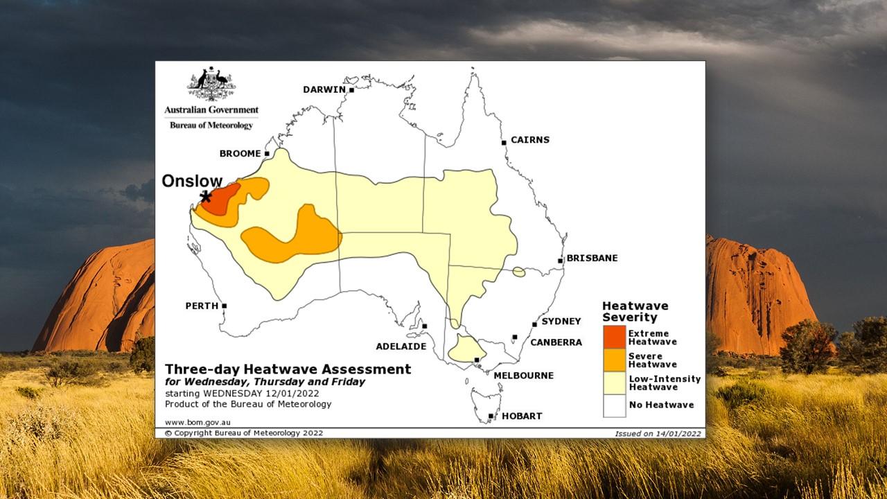 Avis de vague de chaleur lancé par le Bureau of meteorology australien le 12 janvier 2022 [BOM - Wikipedia]