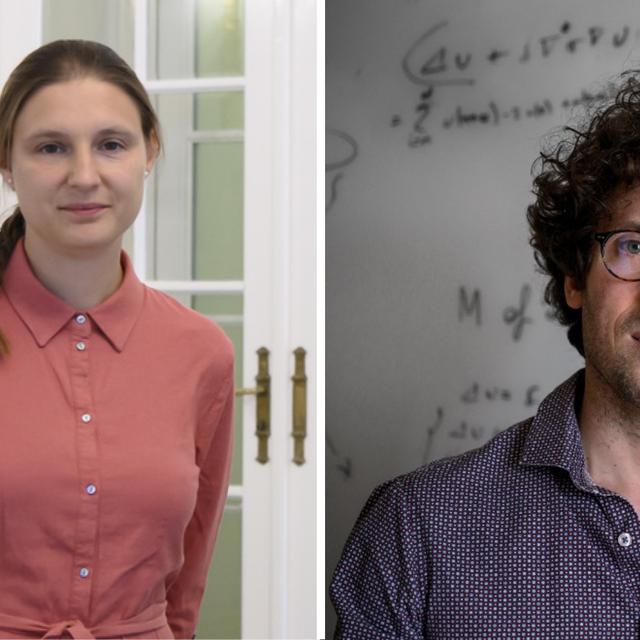 Maryna Viazovska de l'EPFL et Hugo Duminil-Copin de l'UNIGE. [Keystone/AFP]