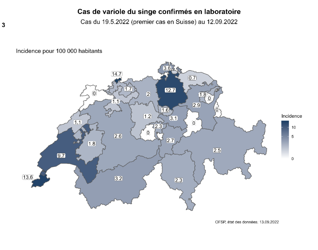 Répartition géographique des cas de variole du singe confirmés en laboratoire en Suisse, en fonction de l'incidence par canton (cas pour 100 000 habitants). [OFSP]