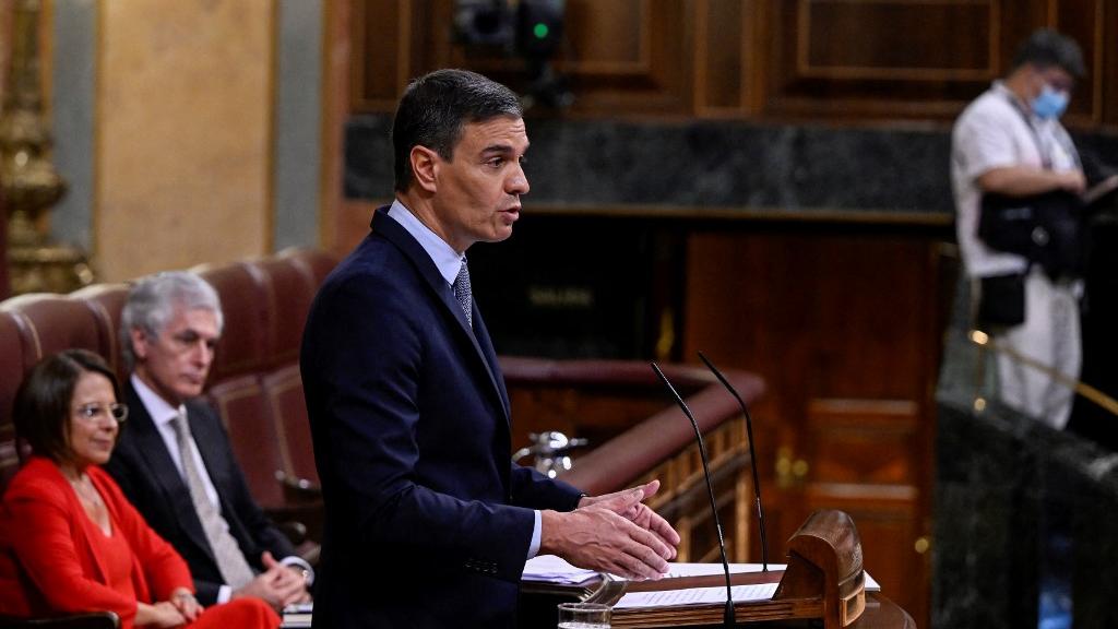 Pedro Sanchez debout devant les députés pour annoncer des mesures contre l'inflation. [AFP - Pierre-Philippe MARCOU]